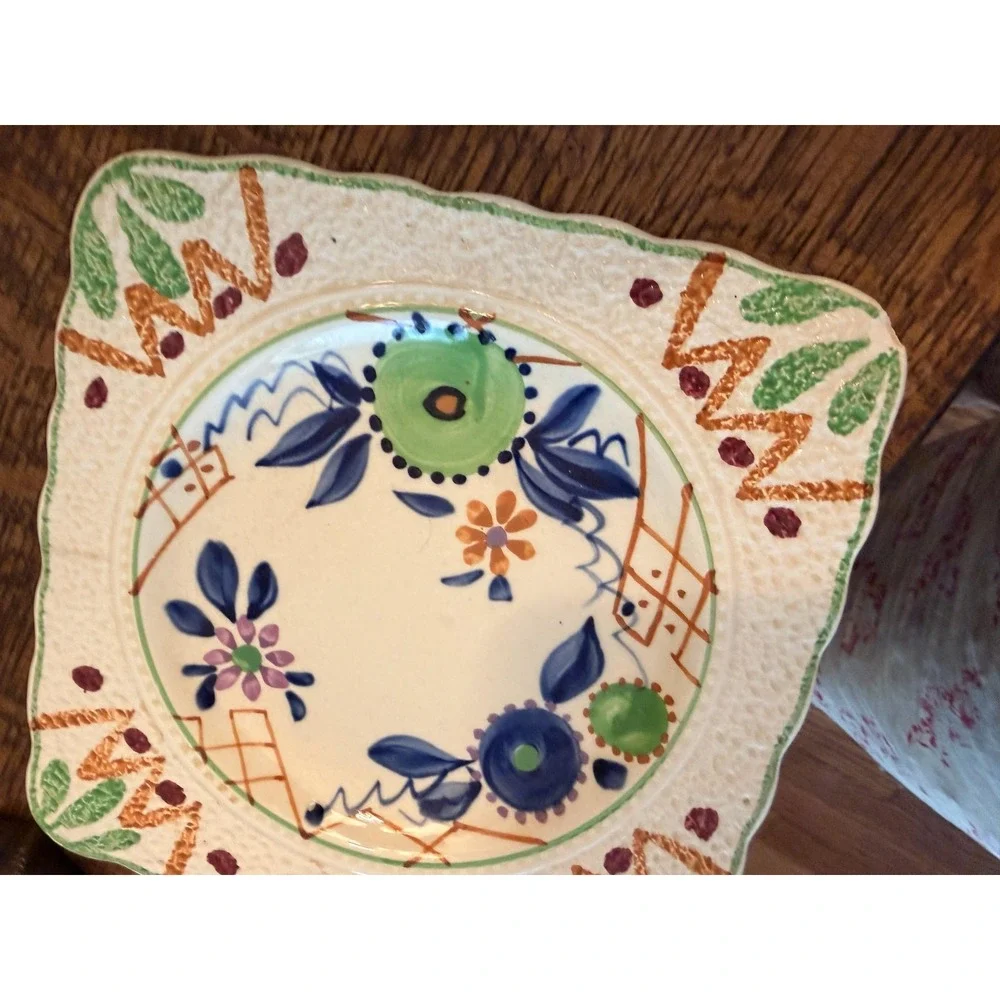 Vintage Hand Painted Floral Plate Square Scalloped England Art Deco Multicolor